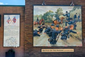 Battle of the Huzzah - Sept 29, 1864. For the next 2 days, General Ewing led his small command on a grueling retreat north across the Ozarks, covering 66 miles in 39 hours. Rebel cavalry attacked hotly from the rear, but could not flank them due to the rugged terrain. Battle of the Huzzah - Sept 29, 1864. For the next 2 days, General Ewing led his small command on a grueling retreat north across the Ozarks, covering 66 miles in 39 hours. Rebel cavalry attacked hotly from the rear, but could not flank them due to the rugged terrain.