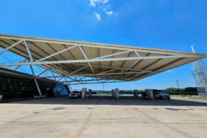 Large cantilever awning over gas pumps
