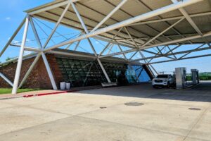 The convenience store is futuristic looking