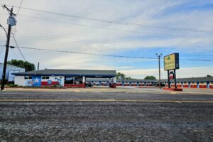 Shamrock Country Inn - painted in Texas red and white with a Lone Star on each blue door
